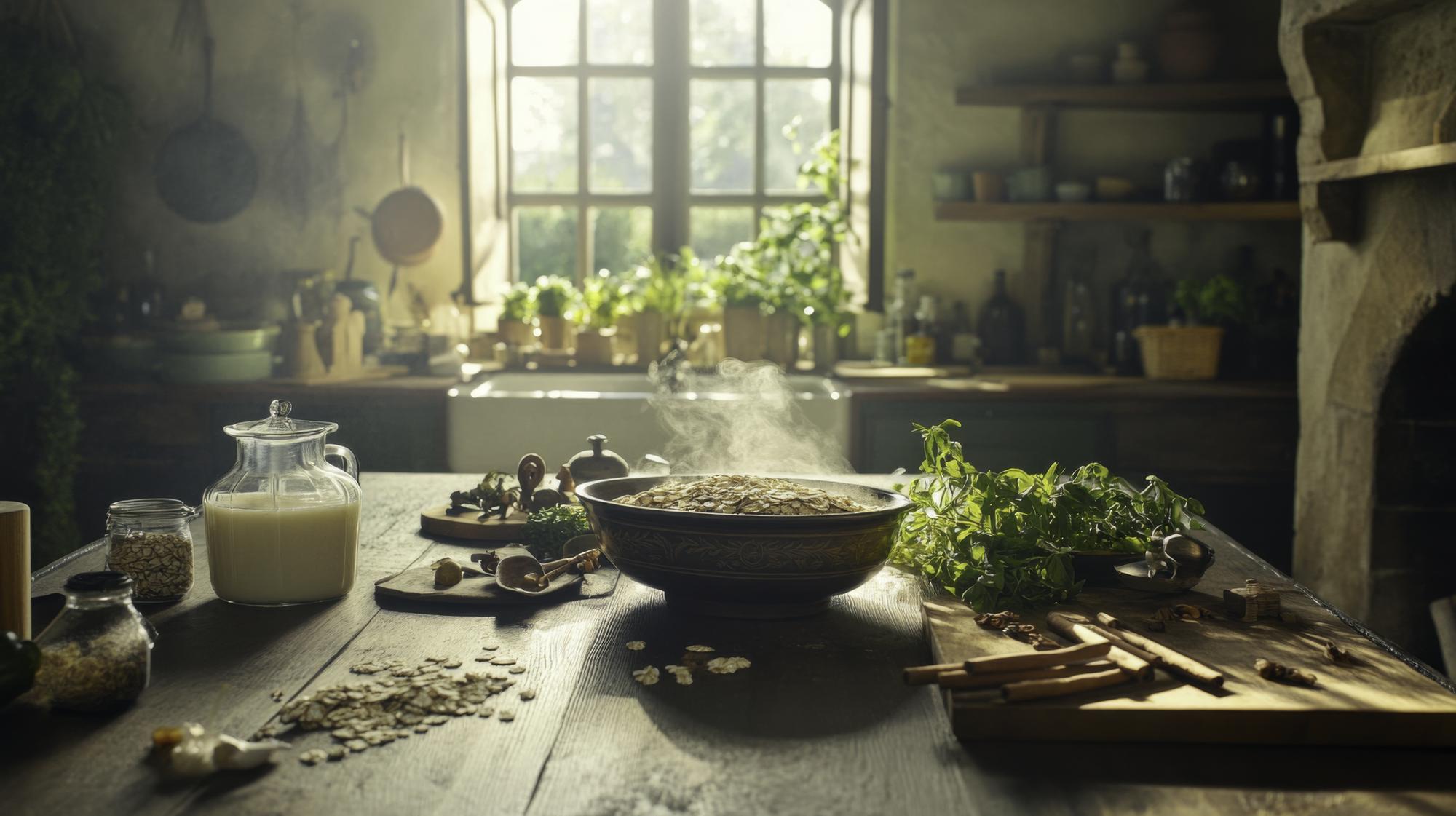 Interior of culinary studio with wooden table and herbs