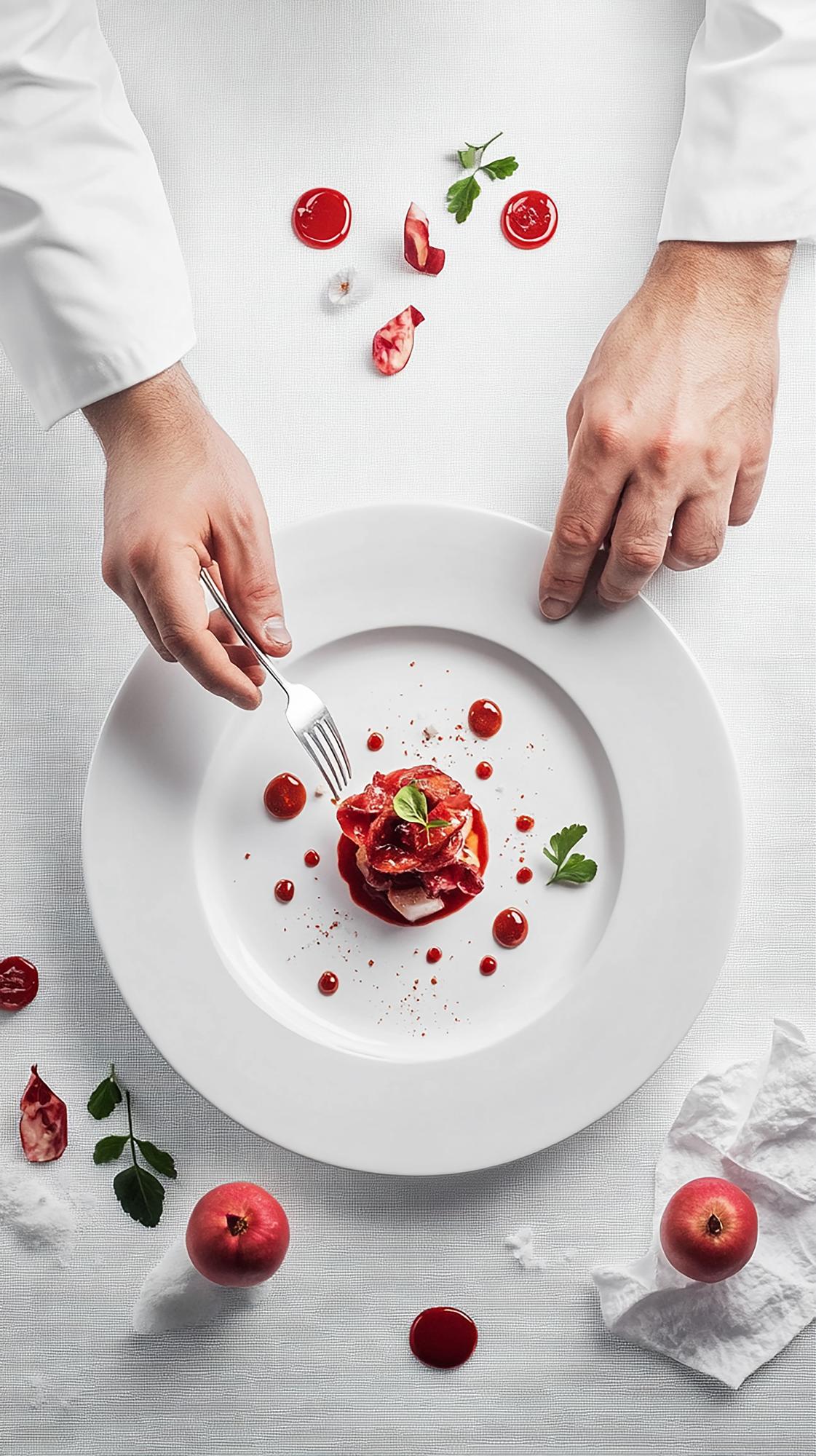 Chef preparing plated seasonal dish in studio